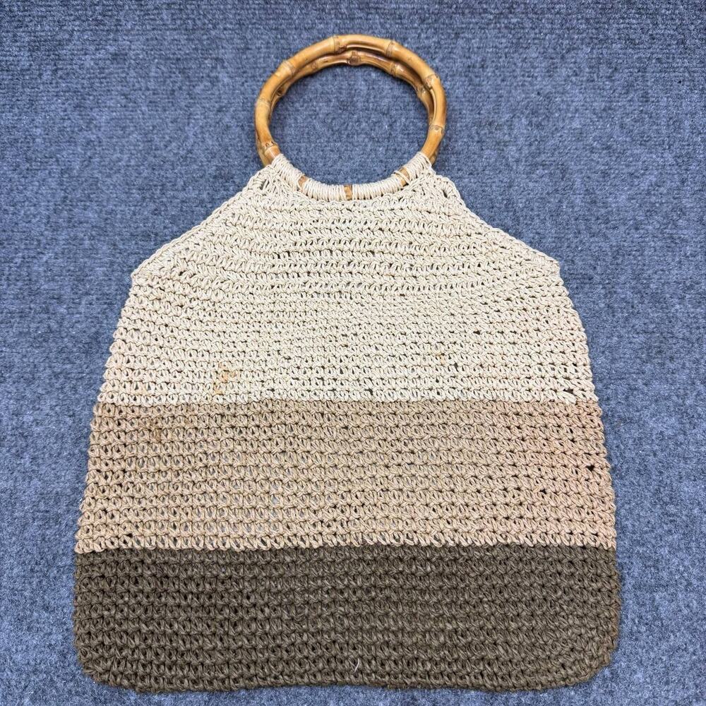 Faded Glory Crochet Straw Handbag Bamboo Handle Lined Tote Bag